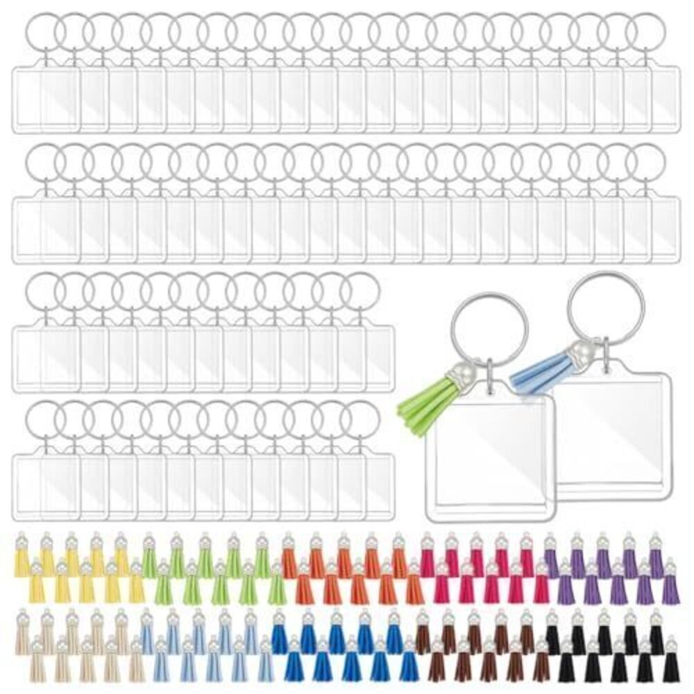 1219 100 Sets Acrylic Photo Frame Keychain with Tassels Rectangle Clear